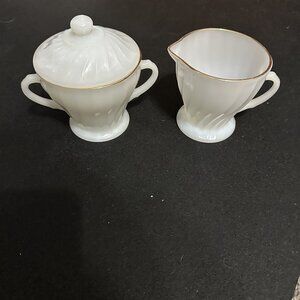Vintage Anchor Hocking Milk Glass Swirl Creamer Sugar Bowl Gold Trim